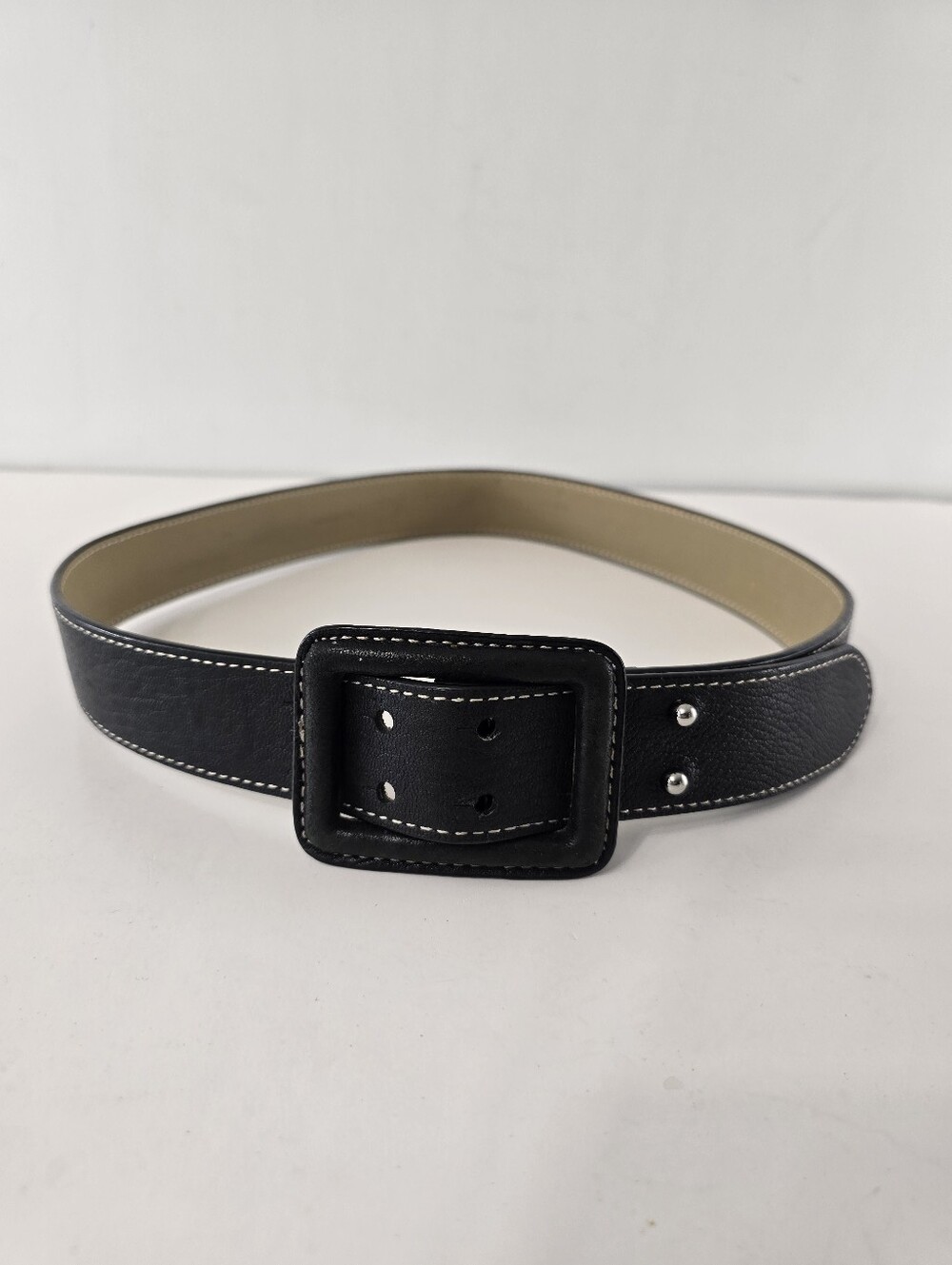 Talbots Pebbled Leather Wide Push Button Square Rectangle Buckle Belt Black Sz S